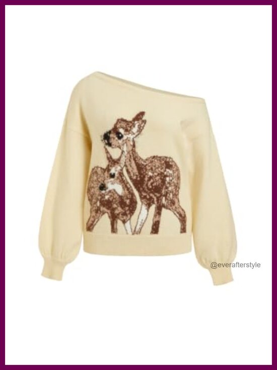 Sweaters - Off Shoulder Knit Pullover Sweater with Deer Graphic, Cottagecore Style